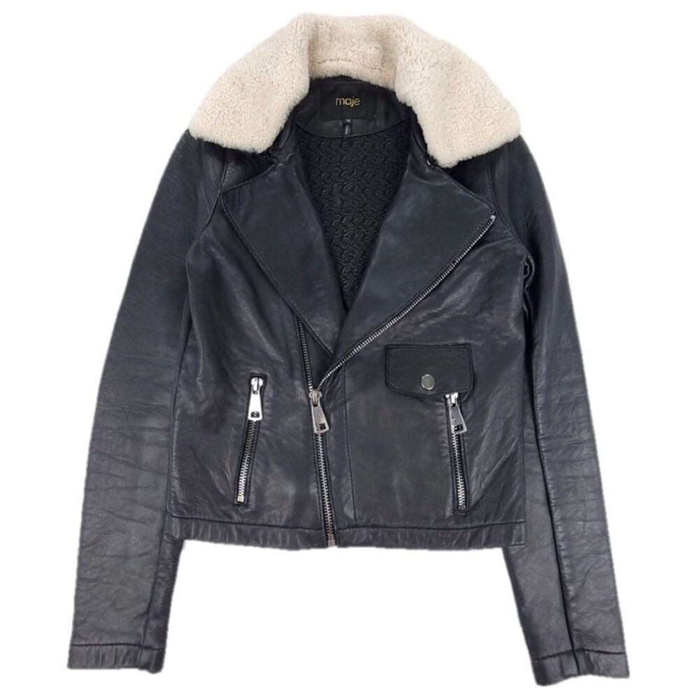MAJE Bluff Leather Biker Jacket Shearling Fur Collar Moto Black Minimal Grunge
